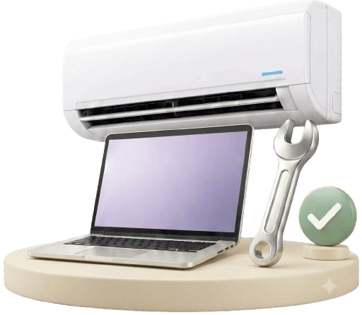 Split AC, laptop and wrench