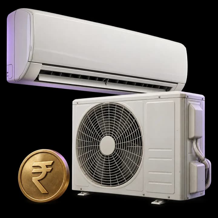 Used split AC indoor and outdoor units with a rupee token representing buyback value